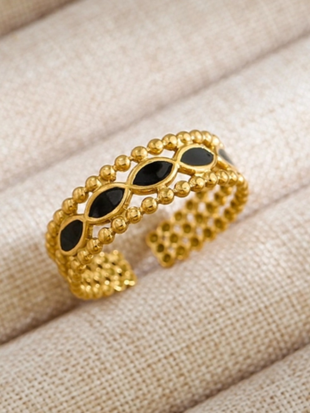 18k Gold Plated Open Band Black Enamel Ring